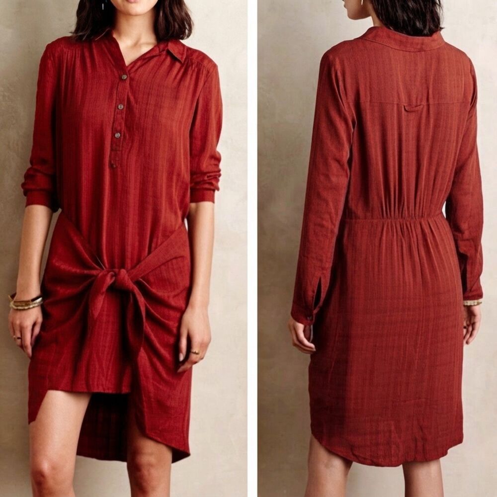 Anthropologie Maeve Bloomsbury Rust Red Button Front Front-Tie Shirt Dress Sz 0